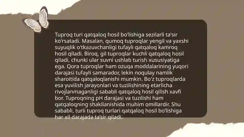 Har xil tuproqlarda qatqaloq hosil bo'lish hususyatlari va uni yo'qotish yo'llari 4