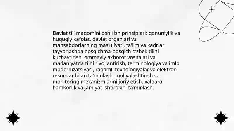 Oʻzbek tilining davlat tili sifatida nufuzli va mavqei tubdan oshirish chora tadbirlar toʻgʻrisida 4