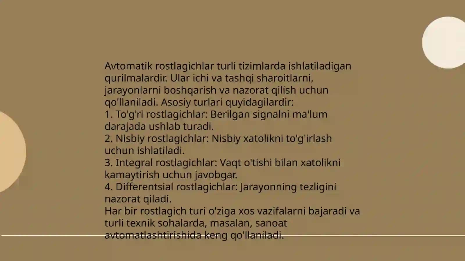 Davriy jaroyonlarni avtomatlashtirilgan uchun o'zgartiruvchi siturukturalar rostlagichlar qo'lash 4
