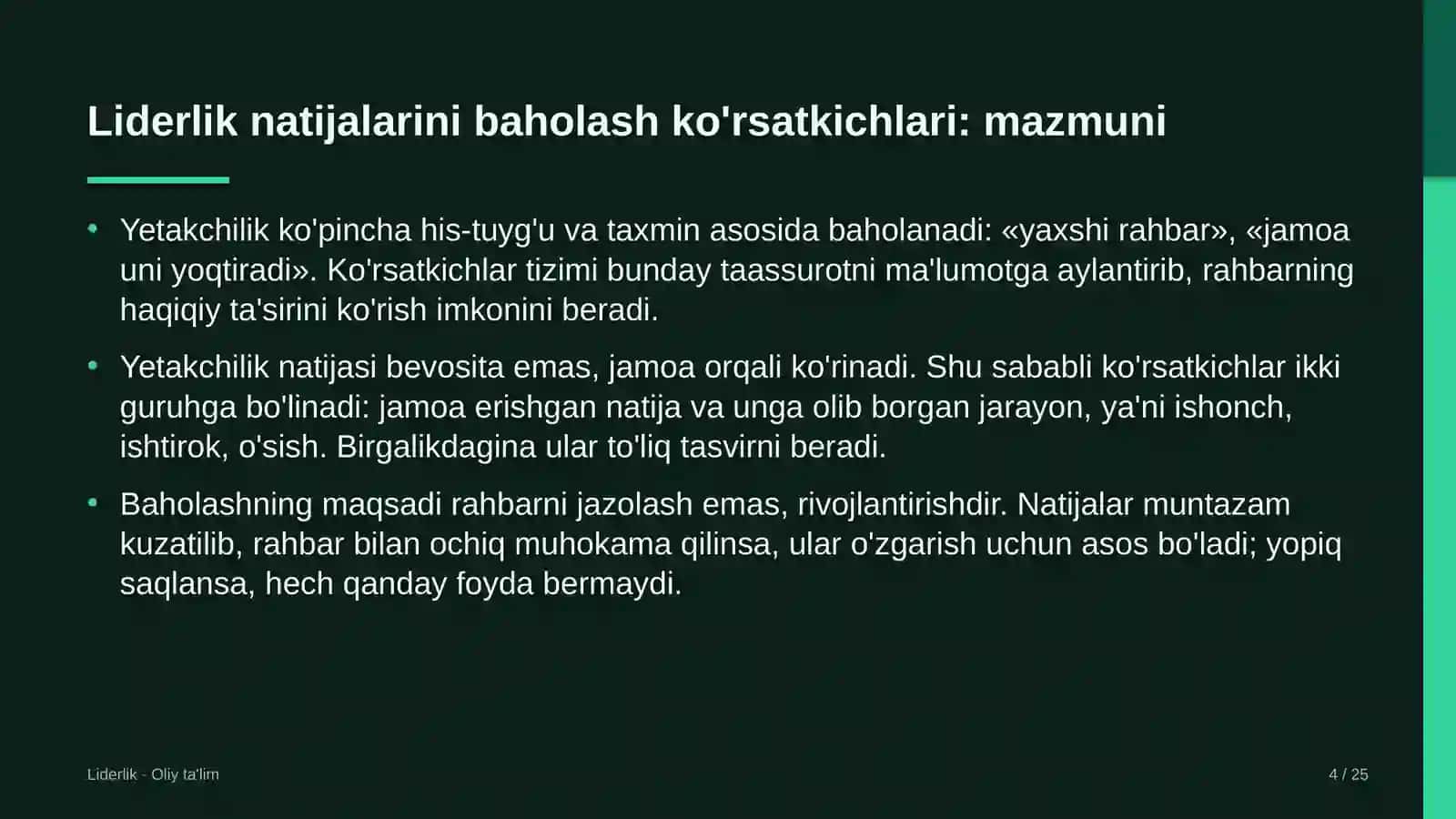 Yo'l xo'jaligida liderlik natijalarini baholash ko'rsatkichlari 4