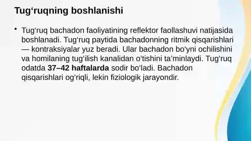 Onalikka va tug’ruqqa tayyorgarlik. Tug’ruq. Tug’ruq davrlari. Partogrammani olib borish. Tug’ruqning III davrini faol olib borish. Chaqaloqlar holatini Apgar shkalasida baholash. Ensa oldingi va orqa turida tug’ruq biomexanizmi. Chaqaloqlarni birlamchi ishlov berish 4