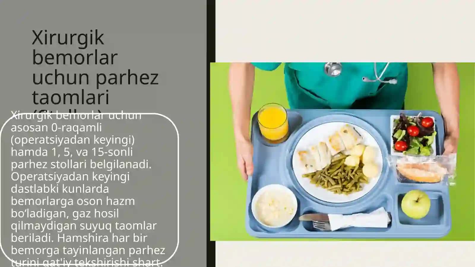 Xirurgik bo'limda bemorlarni ovqatlantirishni tashkillashtirish parhez taomlari ,og'ir bemorlarni ovqatlantirish, xirurgik bo'limda dori-darmonlarni saqlash va tarqatish qoidalari xirurgik bemorlarni davolashda qoʻlini fizioterapevtik davolash usullari 4