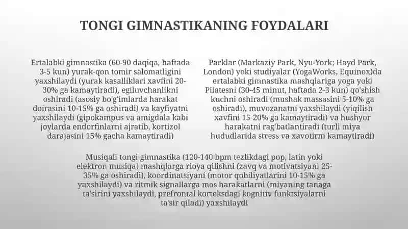 Ertalabgi gimnastikani musiqa ostida oʻtish 4