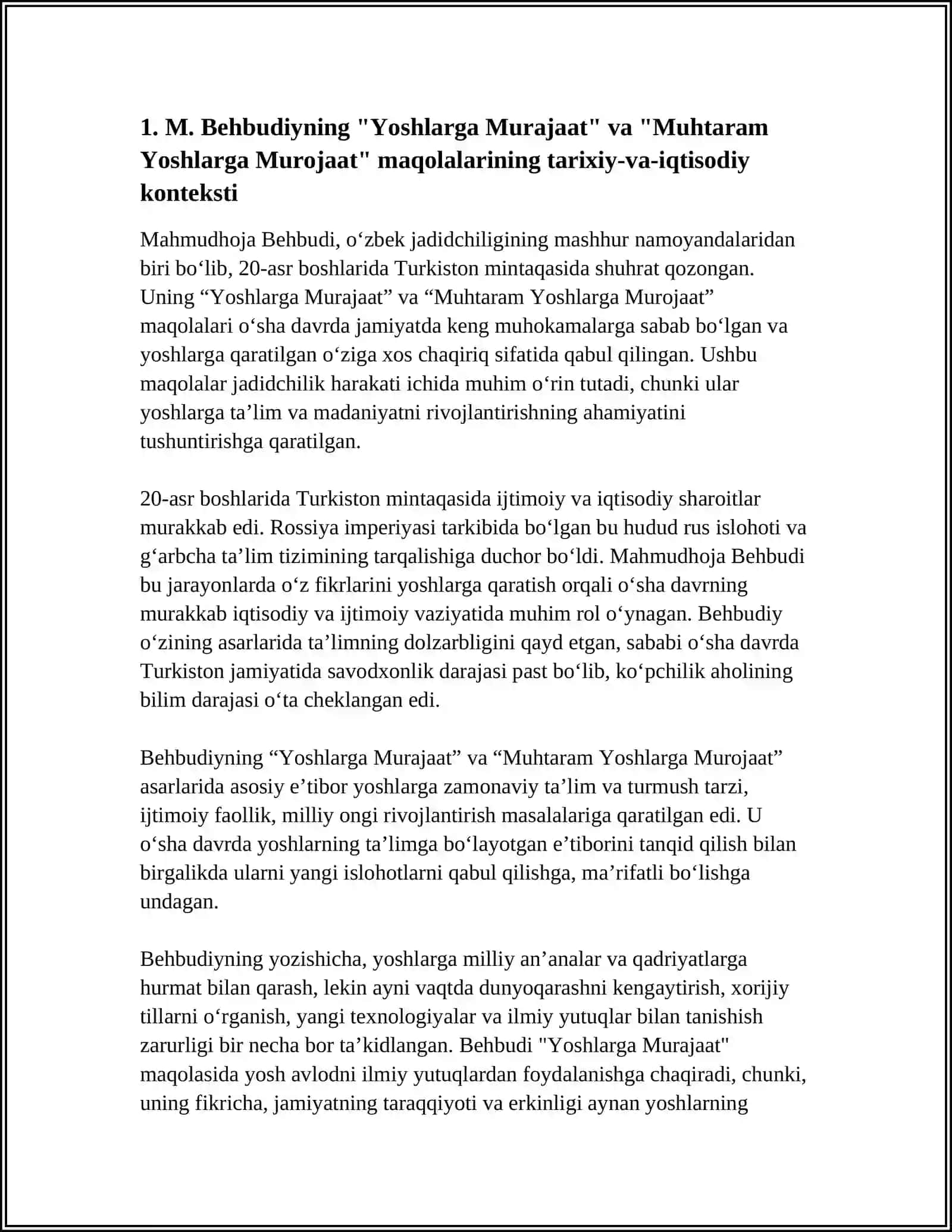 M. BEHBUDIYNING "YOSHLARGA MURAJAAT" VA "MUHTARAM YOSHLARGA MUROJAAT" MAQOLALARINI TAHLIL ETISH VA ESSE TAYYORLASH 4