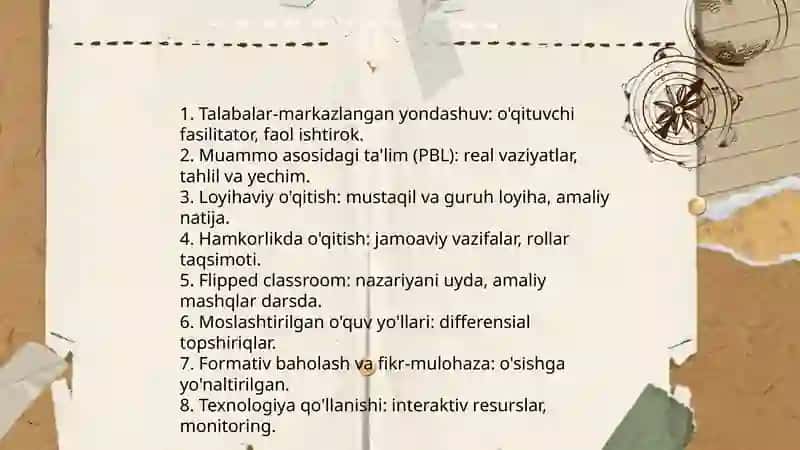 O'quv mashg'ulotlarini tashkil etish va o'tkazishga zamonaviy yondashuvlar mavzusidan slayt qilib ber 4