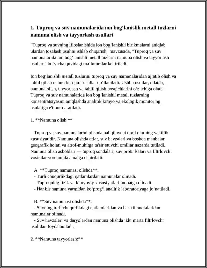 Tuproq va suvning ifloslanishida ion bog'lanishli birikmalarni aniqlab ulardan tozalash usulini ishlab chiqarish 4