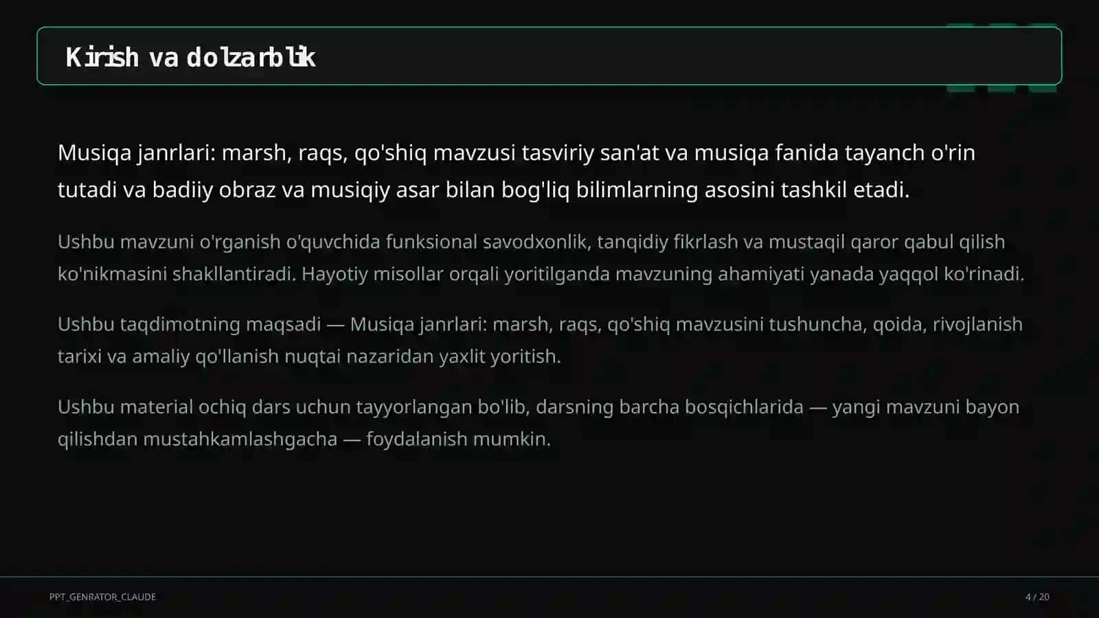 Musiqa janrlari: marsh, raqs, qo'shiq (4-sinf) 4