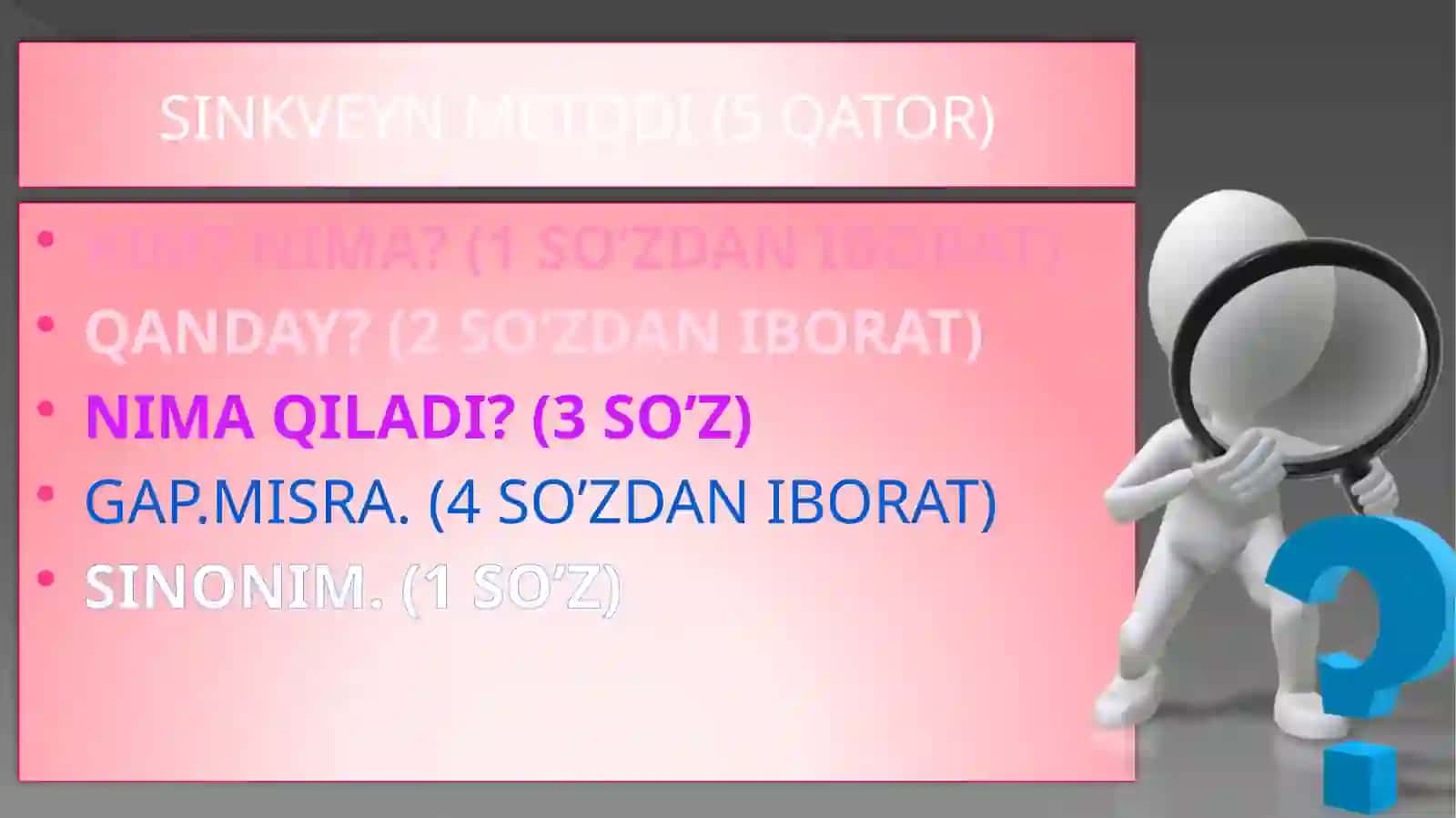 TA’LIM METODLARI VA VOSITALARI,TA’LIMNI TASHKIL ETİSH SHAKLLARI VA TURLARI.O‘QUVCHILARNING BILIM, KO‘NIKMA VA MALAKALARINI TASHXIS ETISH 4