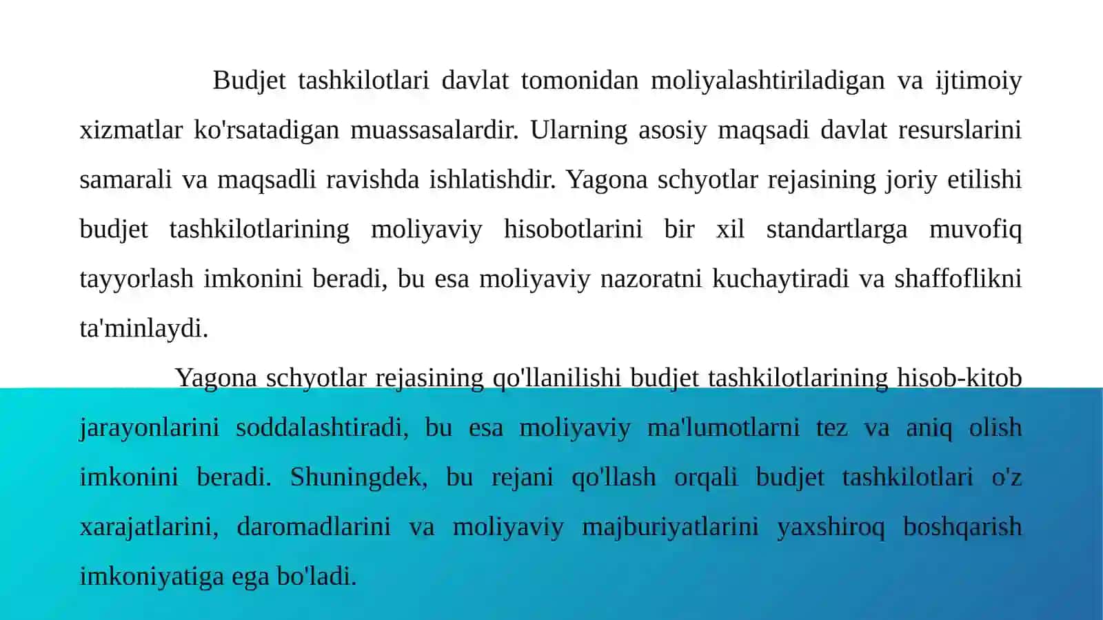 Yagona schyotlar rejasi, ularni tayinlanishi va tarkibi 4