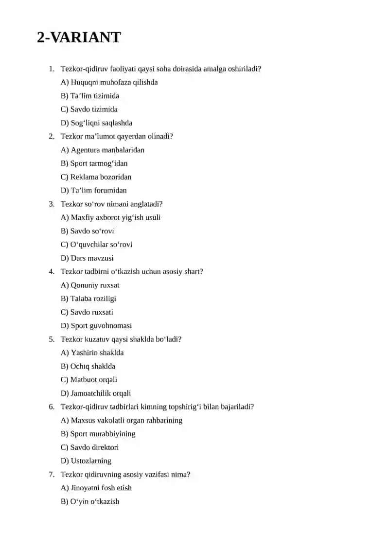 Ichki ishlar o'rganlarining tezkor qidiruv bo'limlari mavzusiga oid test 4