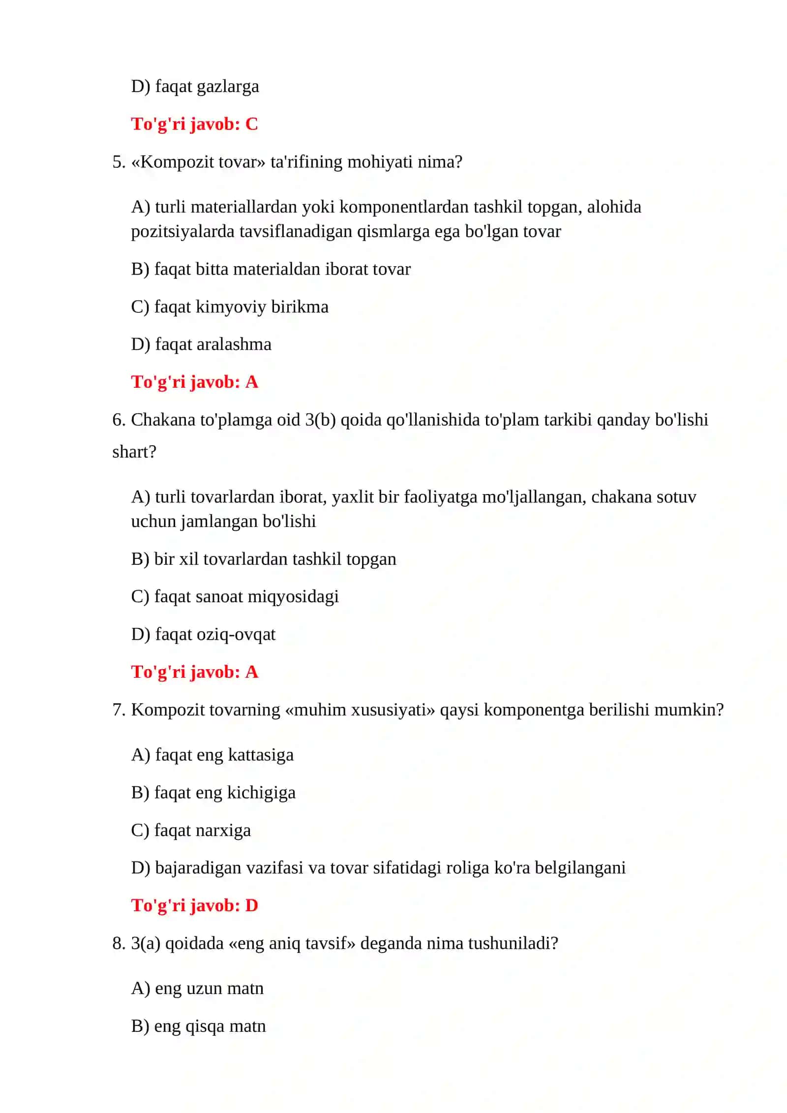 TOVAR NOMENKLATURASI BO'YICHA SAVOLLAR 4