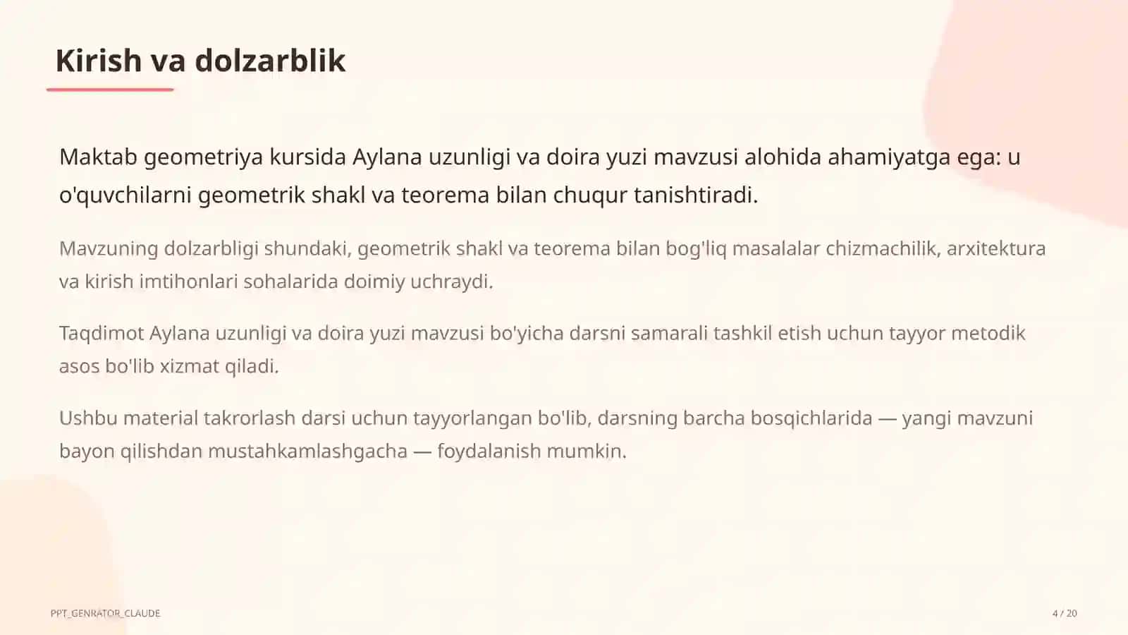 Aylana uzunligi va doira yuzi (9-sinf) 4