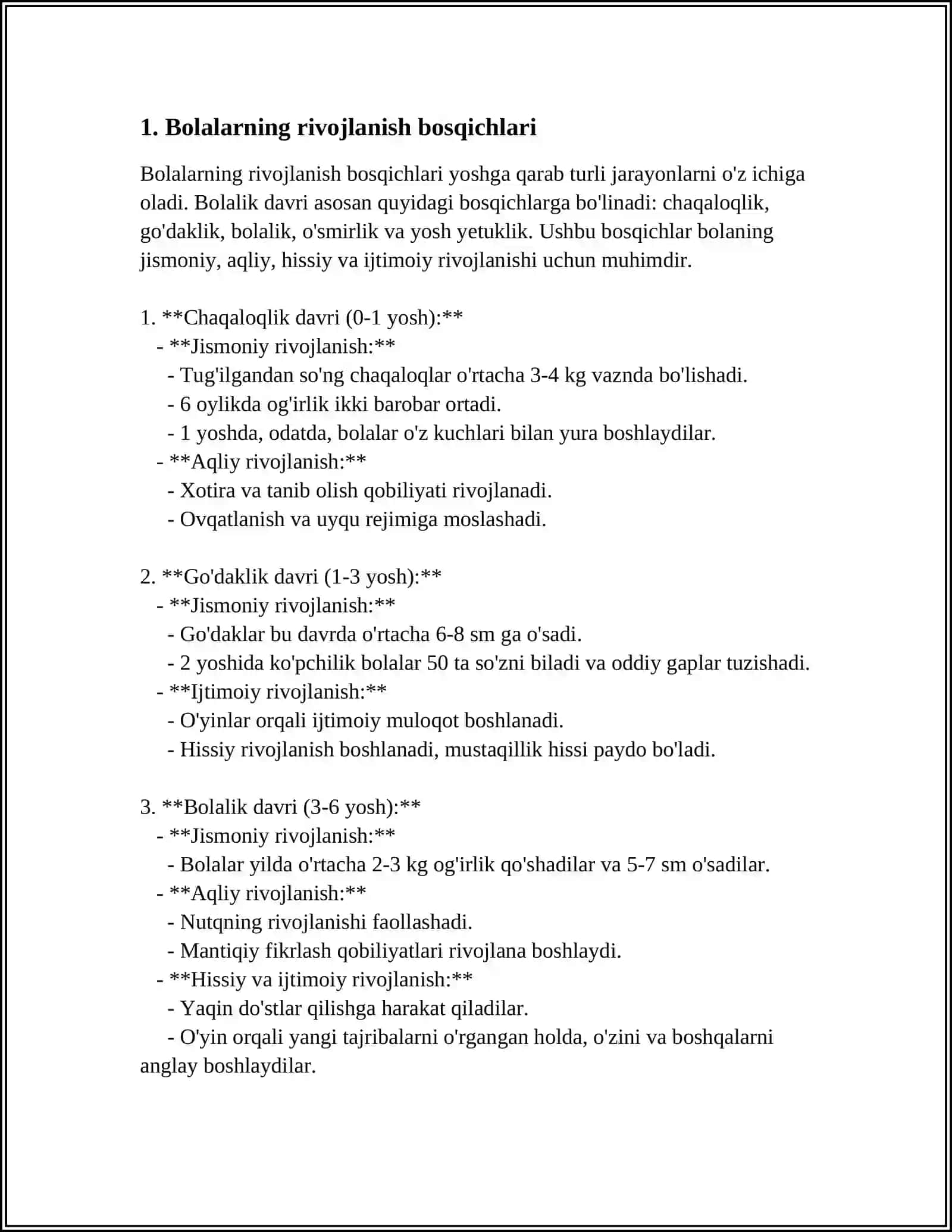 Bolalarning Rivojlanish Bosqichlari Referat 4