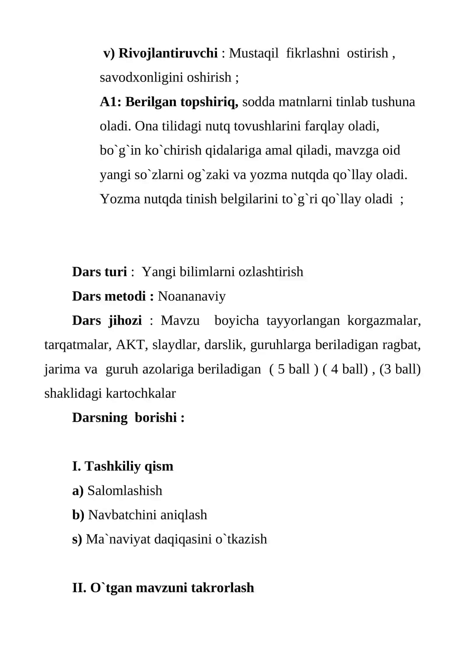 Son so‘z turkimi mavzusida tayyorlagan bir soatlik Darsning texnologik xaritasi 4
