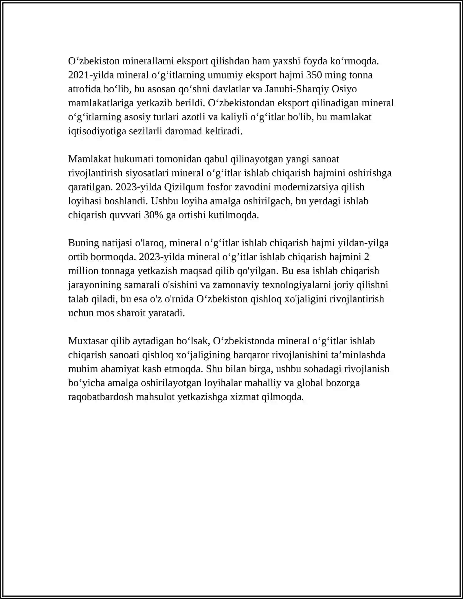Oʻzbekistonda Mineral Oʻgʻitlar Ishlab Chiqarish Sanoati 4