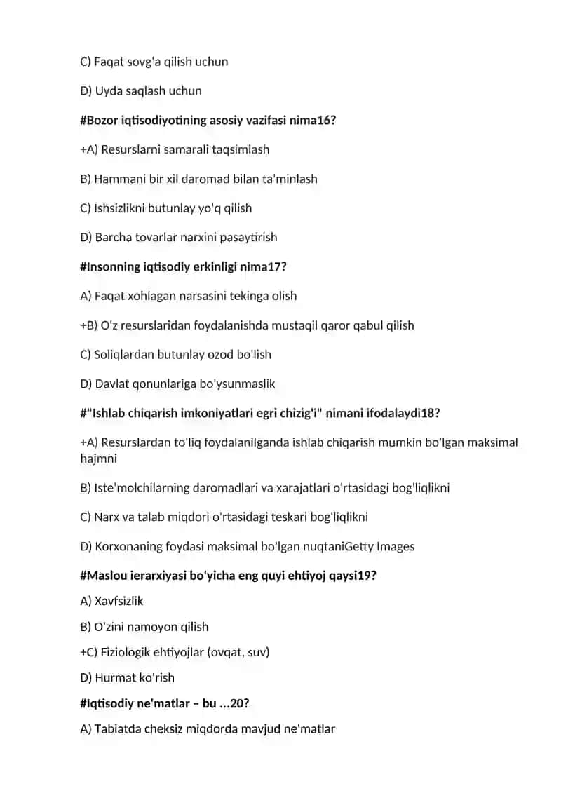 Mikroiqtisodiyot fanidan test savollar bazasi 4