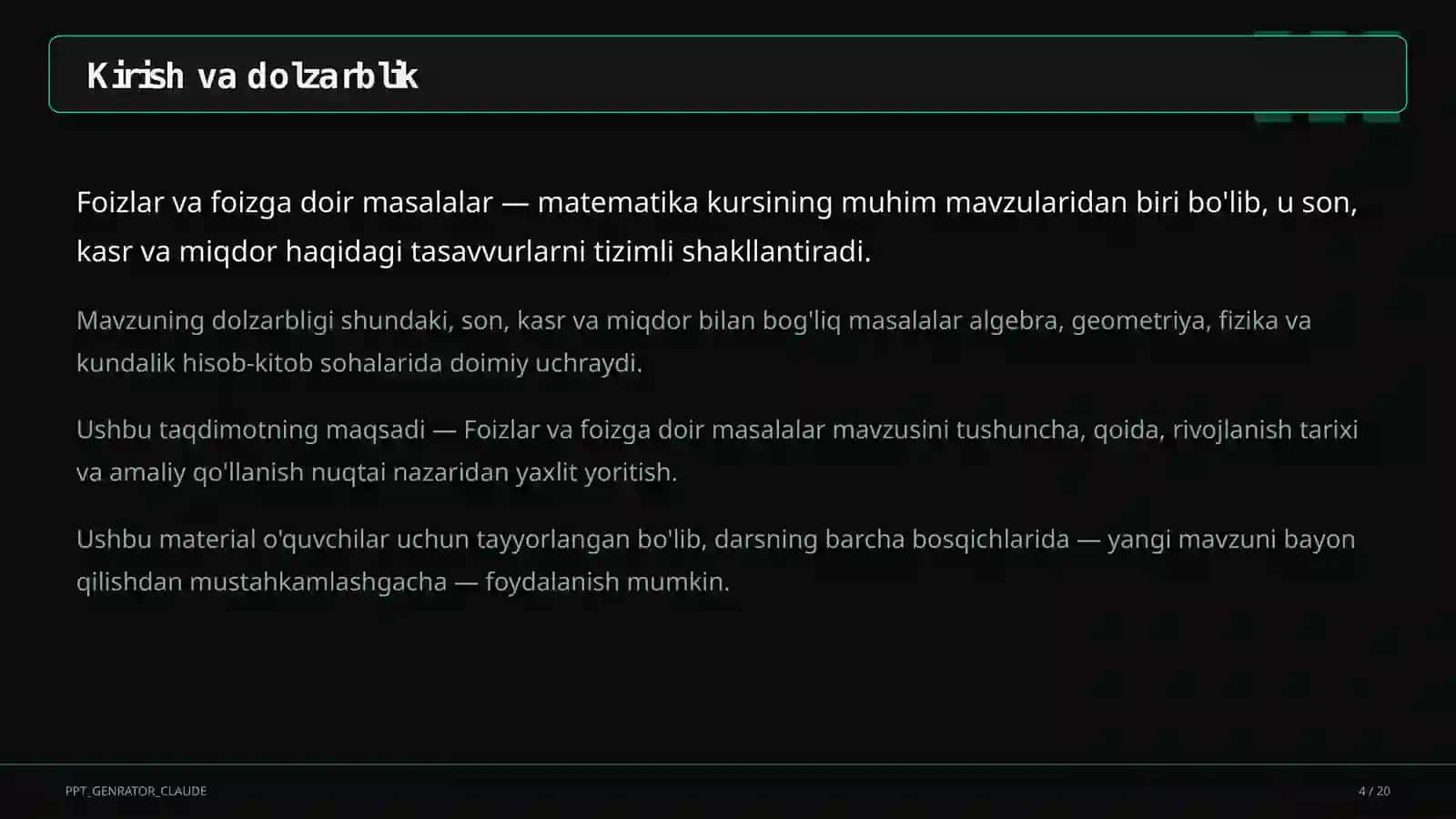 Foizlar va foizga doir masalalar (5-sinf) 4