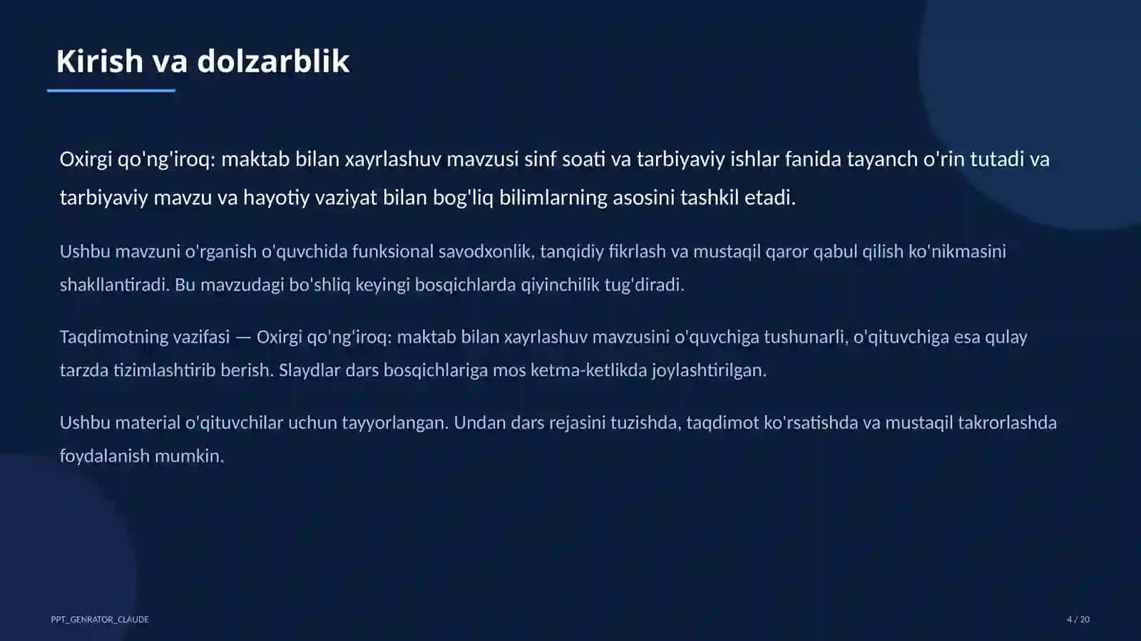 Sinf soati va tarbiyaviy tadbirlar (1–11) — o'qituvchilar uchun 4