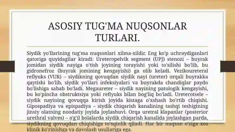 Siydik yoʻllarining tugʻma nuqsonlarida bajariladigan operatsiyalar 4