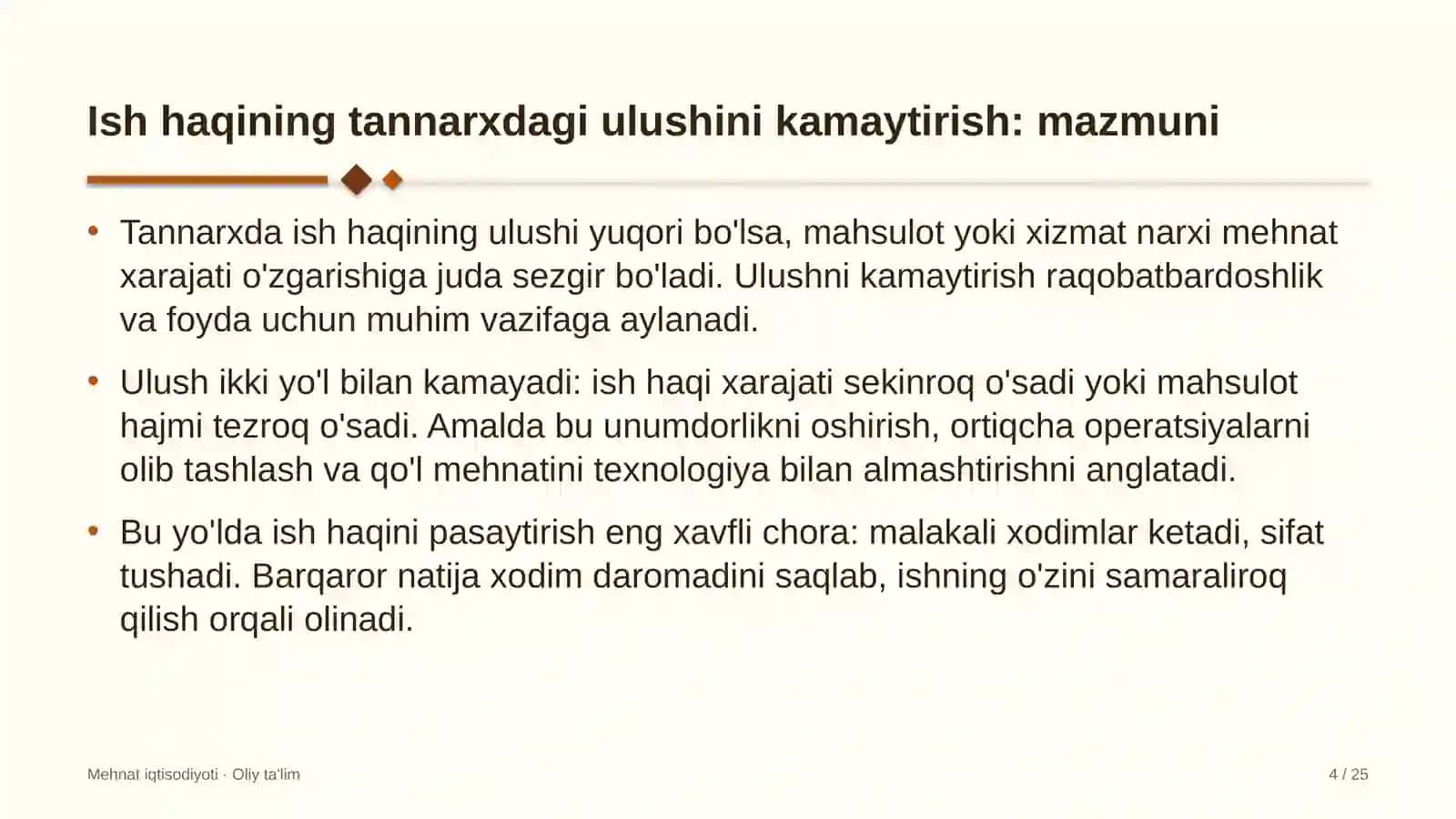 Asalarichilikda ish haqi xarajatlarining mahsulot tannarxidagi ulushini kamaytirish 4