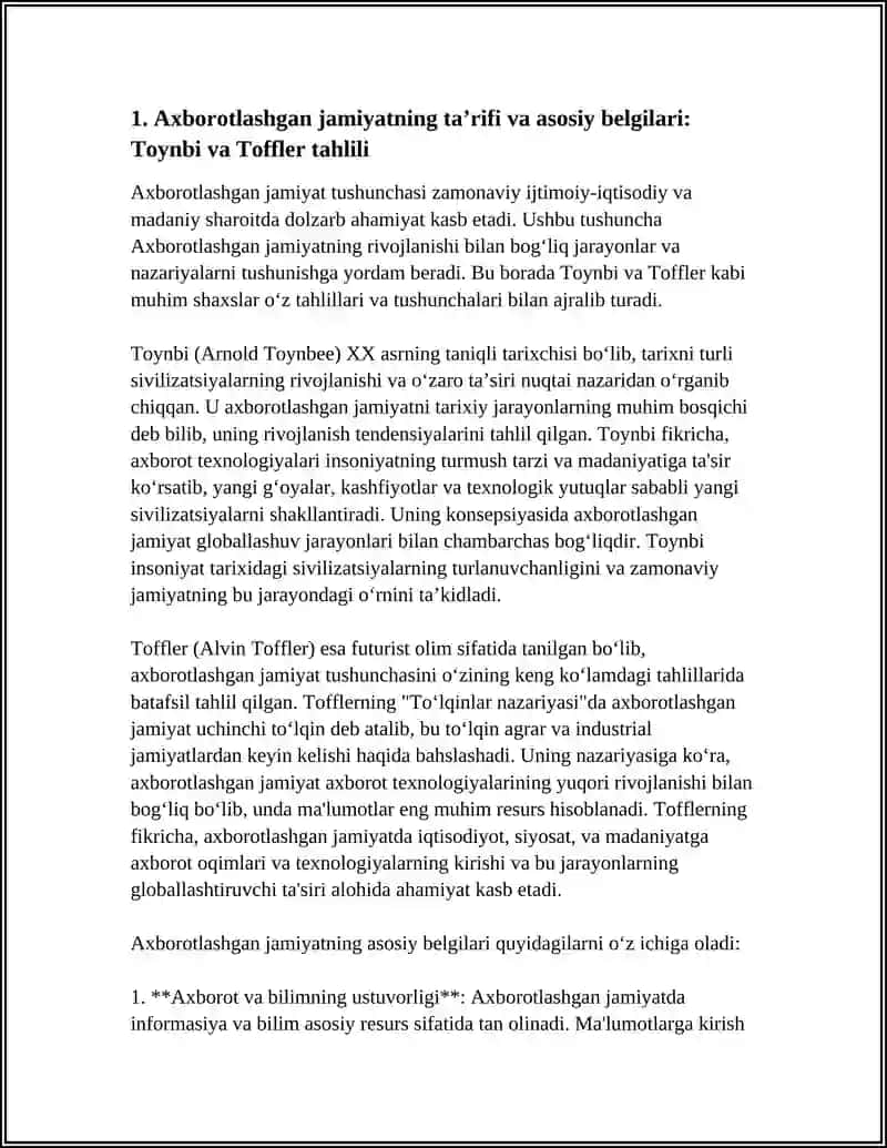AXBOROTLASHGAN JAMIYAT VA UNING ISTIQBOLLARI MAVZUSIDA ESSAY TAYYORLASH (A.TOYNBI,E.TOFFLER ASARLARINING QIYOSIY TAHLILI ASOSIDA 4