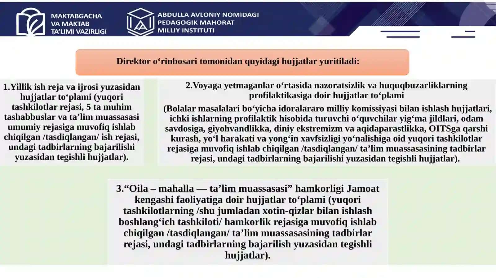 Ma’naviy-ma’rifiy ishlar bo‘yicha direktor o‘rinbosarlarining lavozim majburiyatlari, ularning asosiy vazifalari 4