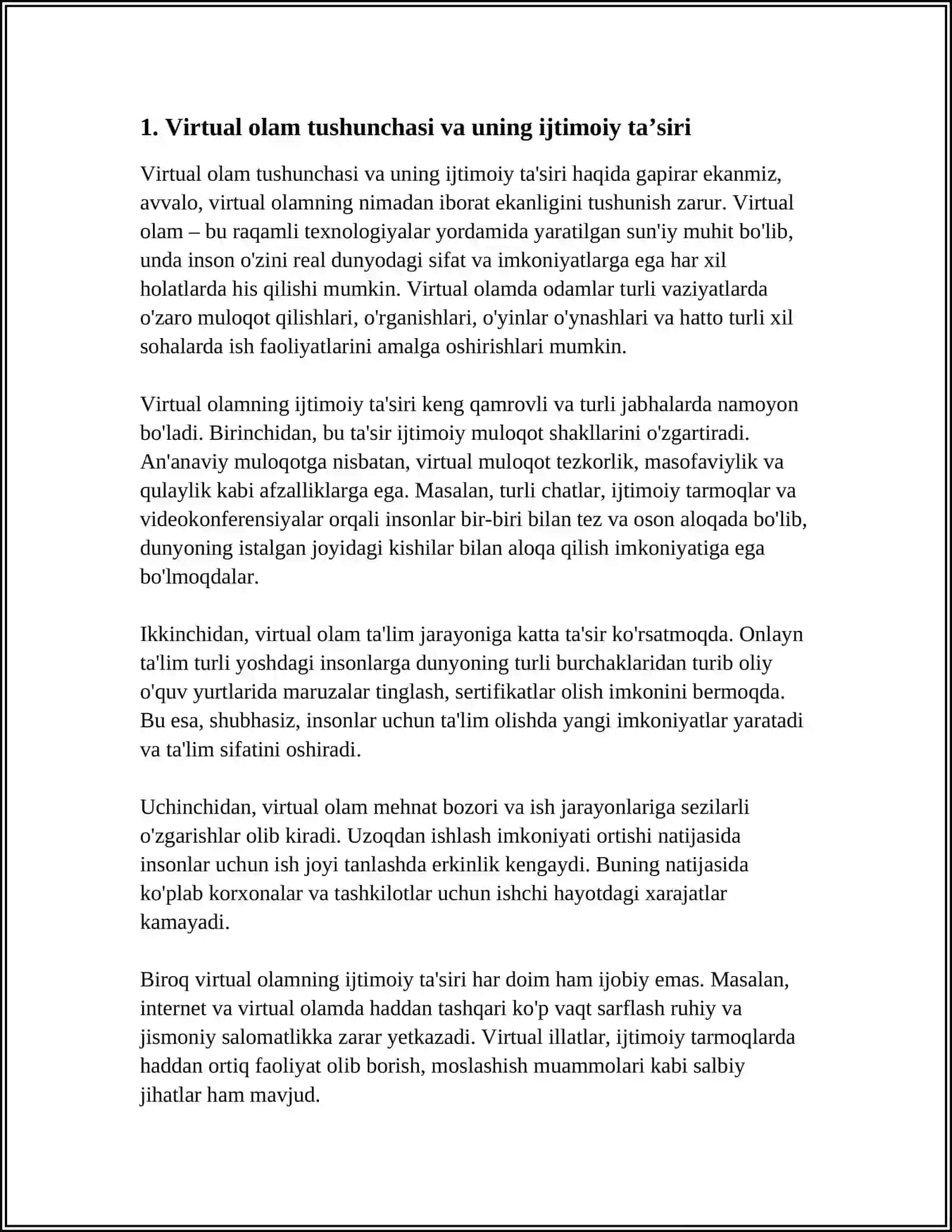 VERTUAL OLAMDAN OQILONA FOYDALANISH MADANIYATI. XULOSA. VA FOYDALANILGAN ADABIYOTLAR 4