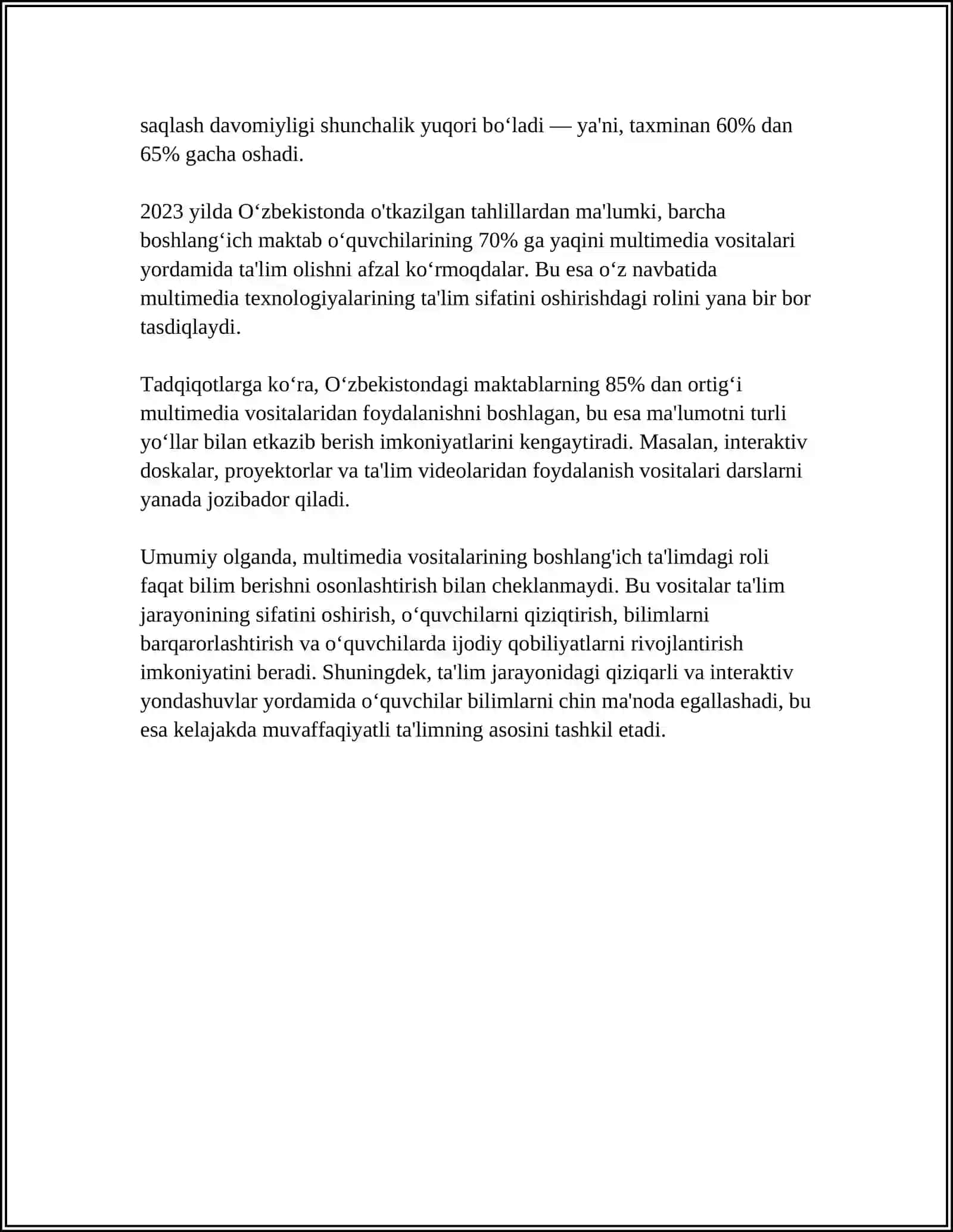 BOSHLANG'ICH TA'LIM TABIIY FANLARI DARSLARIDA O'QUV VOSITALARI MULTIMEDIA TARQATMA VA DIDAKTIK MATERIALLARIDAN FOYDALANISH METODIKASI 4