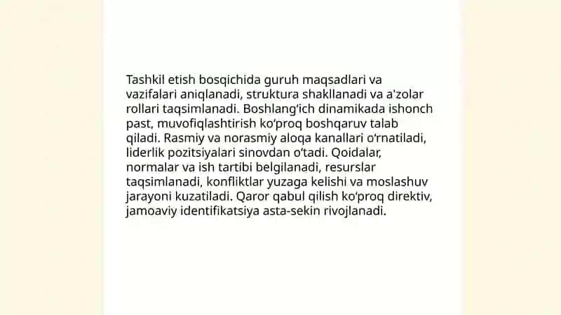 Boshqaruv dinamikasidagi guruhning rivojlanish bosqichlari 4