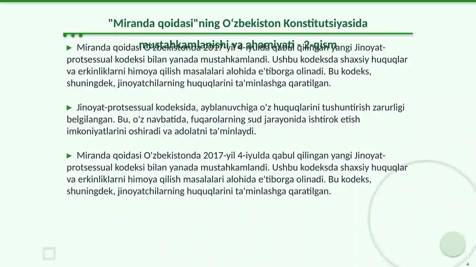 Miranda qoidasi ning Oʻzbekiston Konstitutsiyasida mustahkamlanishi va ahamiyati 4