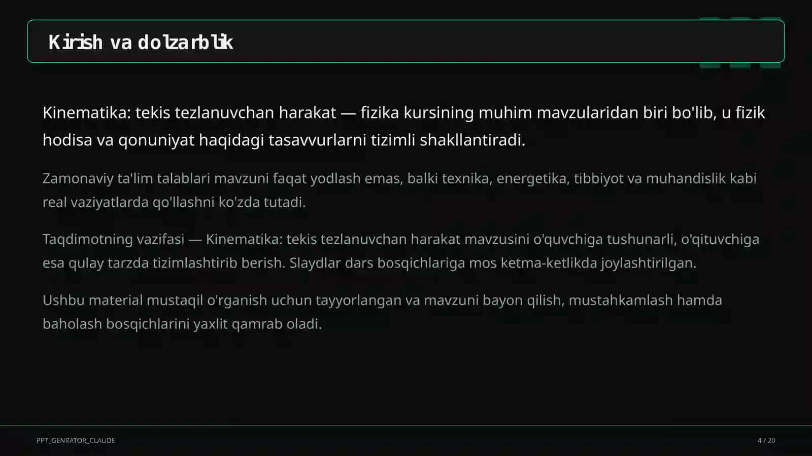 Kinematika: tekis tezlanuvchan harakat (9-sinf) 4