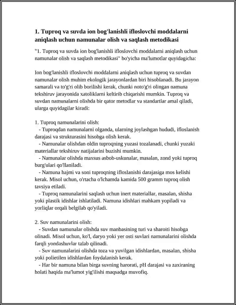 Tuproq va suvdagi ion bog'lanishli ifloslovchi moddalarni aniqlash uchun metodikasi 4