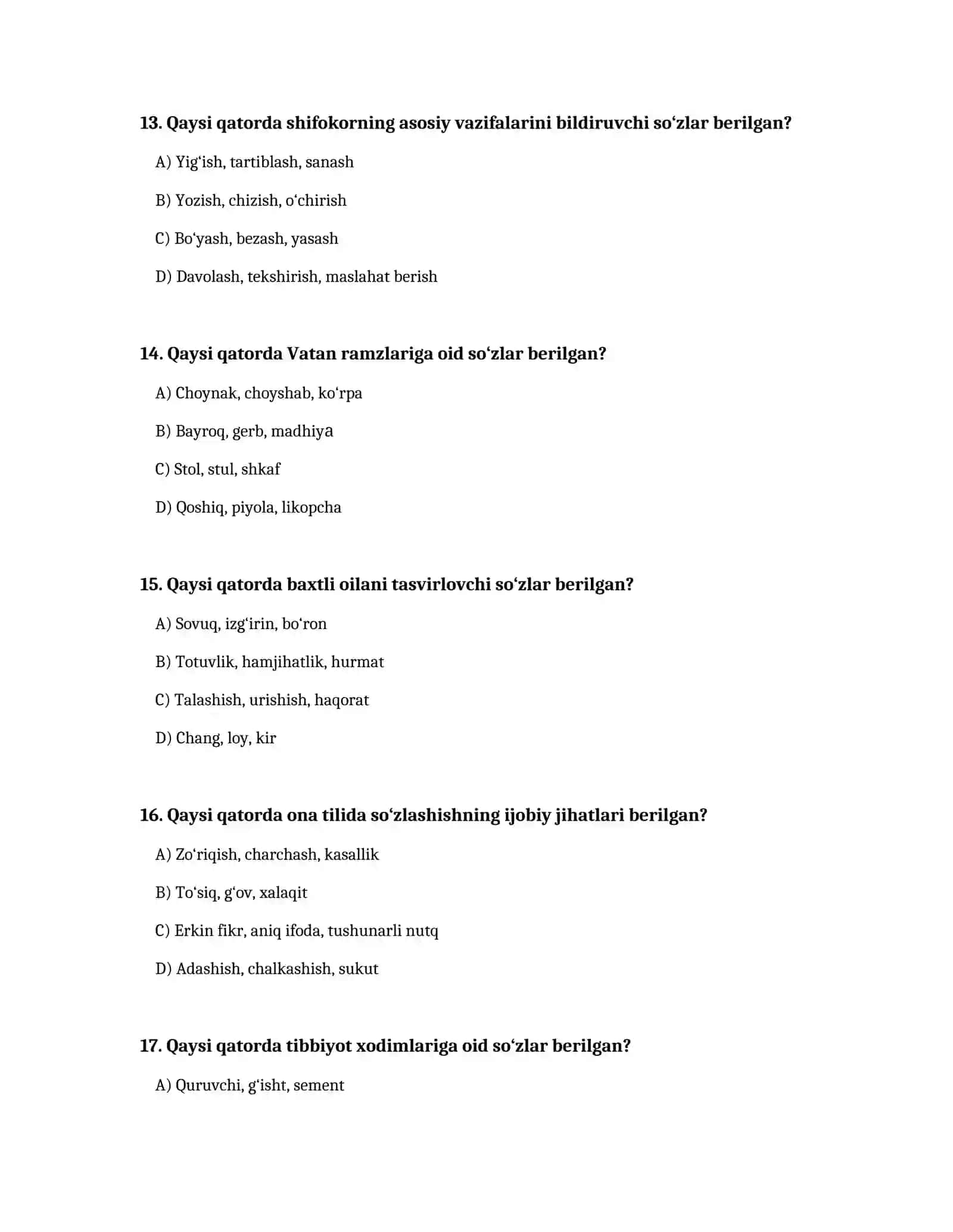 O'zbek tilining sohada qo'llanishi: yakuniy test 4