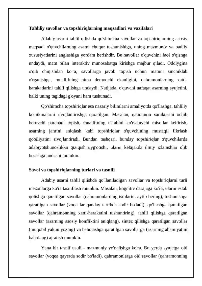 Badiiy asar tahliliga oid qoʻshimcha savol va topshiriqlar tizimini ishlab chiqish 4