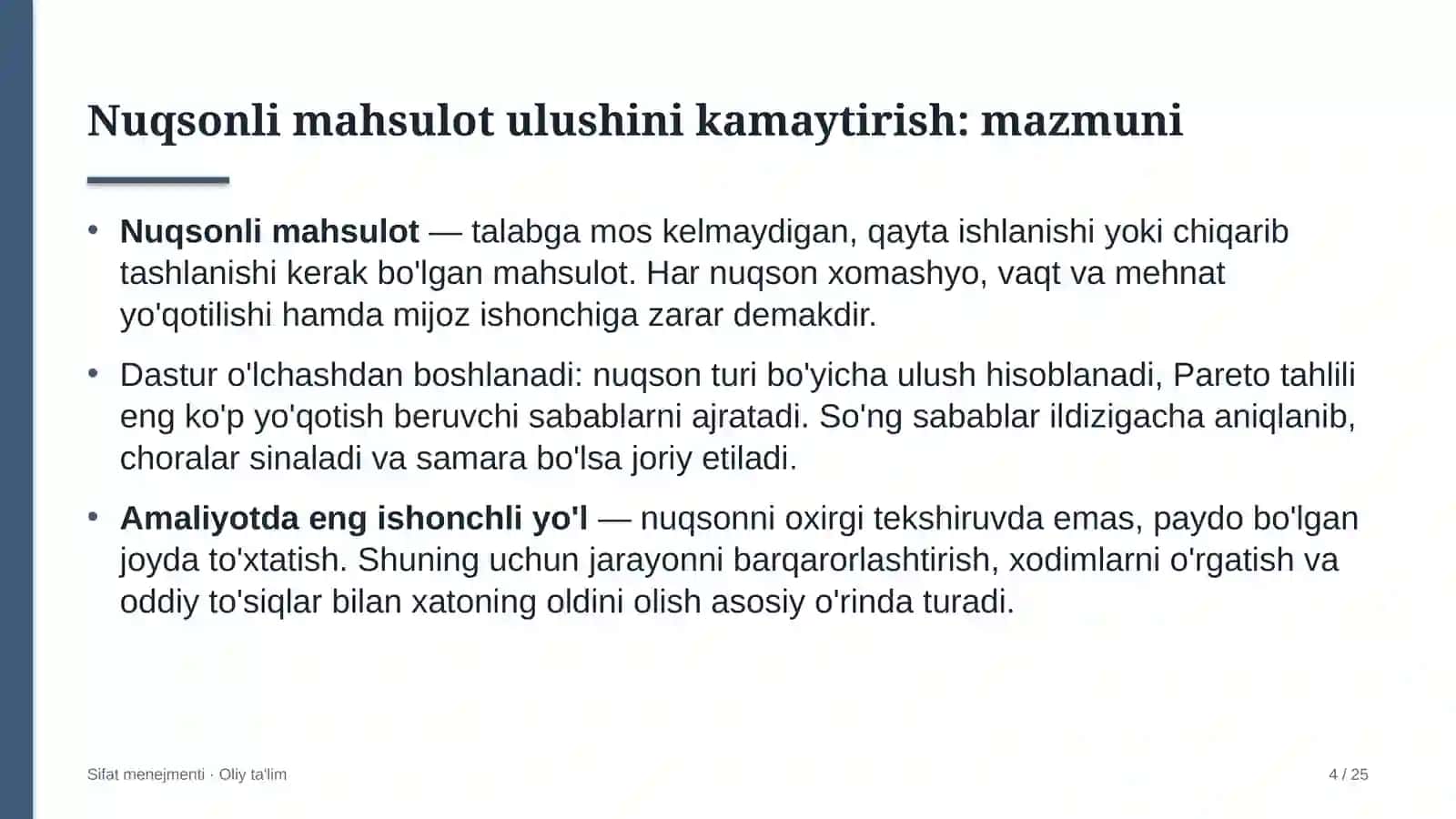 Magistraturada nuqsonli mahsulot ulushini kamaytirish dasturini amalga oshirish 4