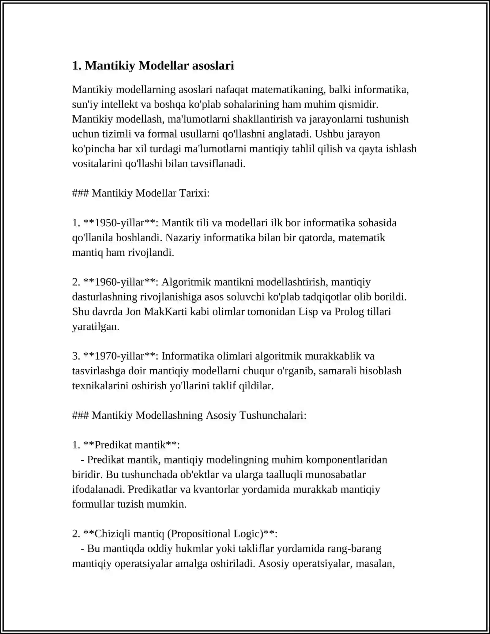 BILIMLAR BAZASIDAGI BILIMLAR ROʼYXATI. BILIMLARNI AKS ETTIRUVCHI USULLAR: MANTIQIY MODELLAR, TARMOQLI, SEMANTIK MODELLAR, FREYMLI MODELLAR, SAN'AT MODELLARI 4