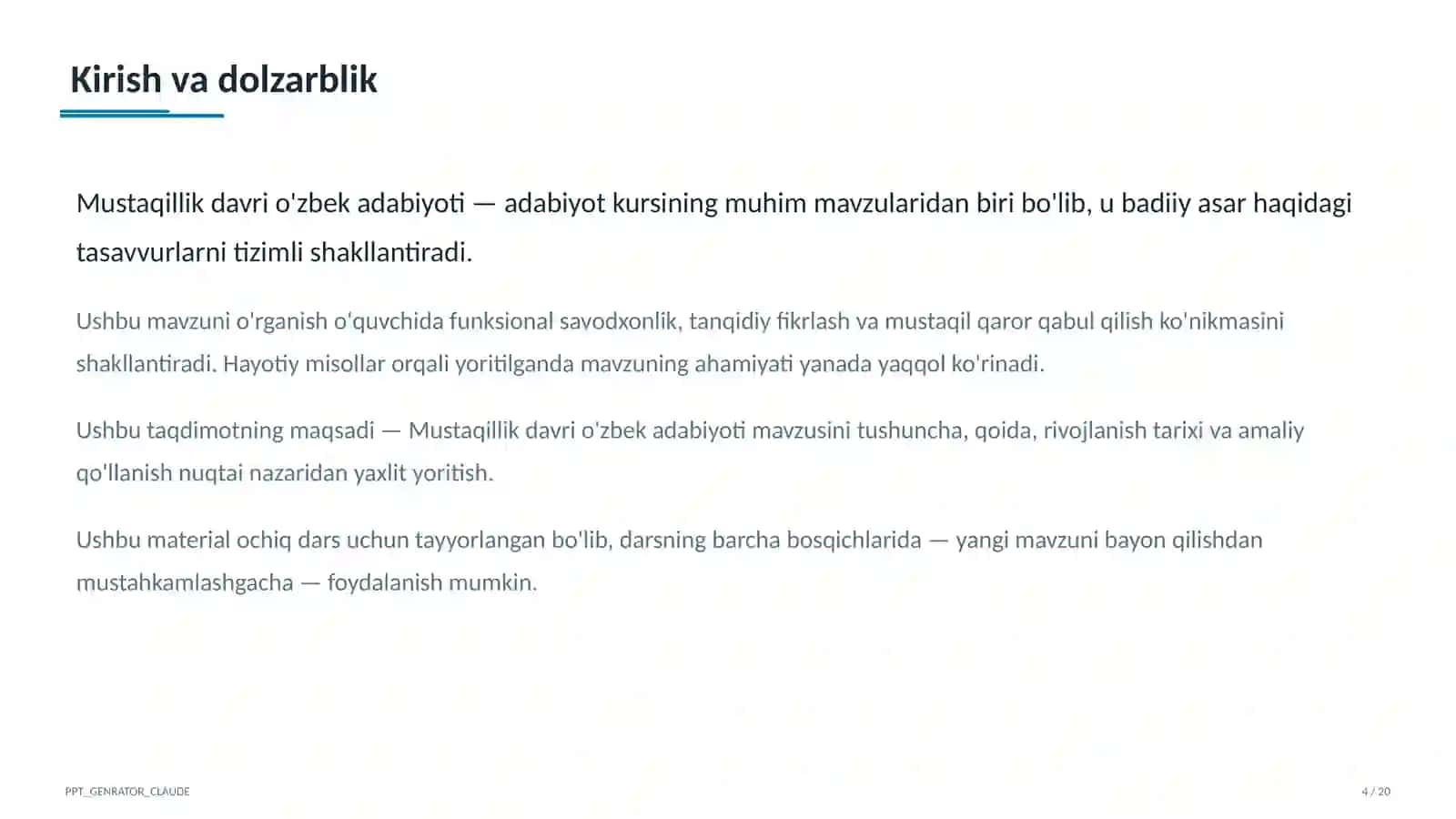 Mustaqillik davri o'zbek adabiyoti (11-sinf) 4