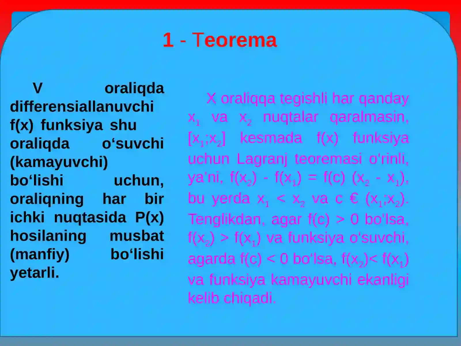 Funksiyaning o'sish va kamayish shartlari 4