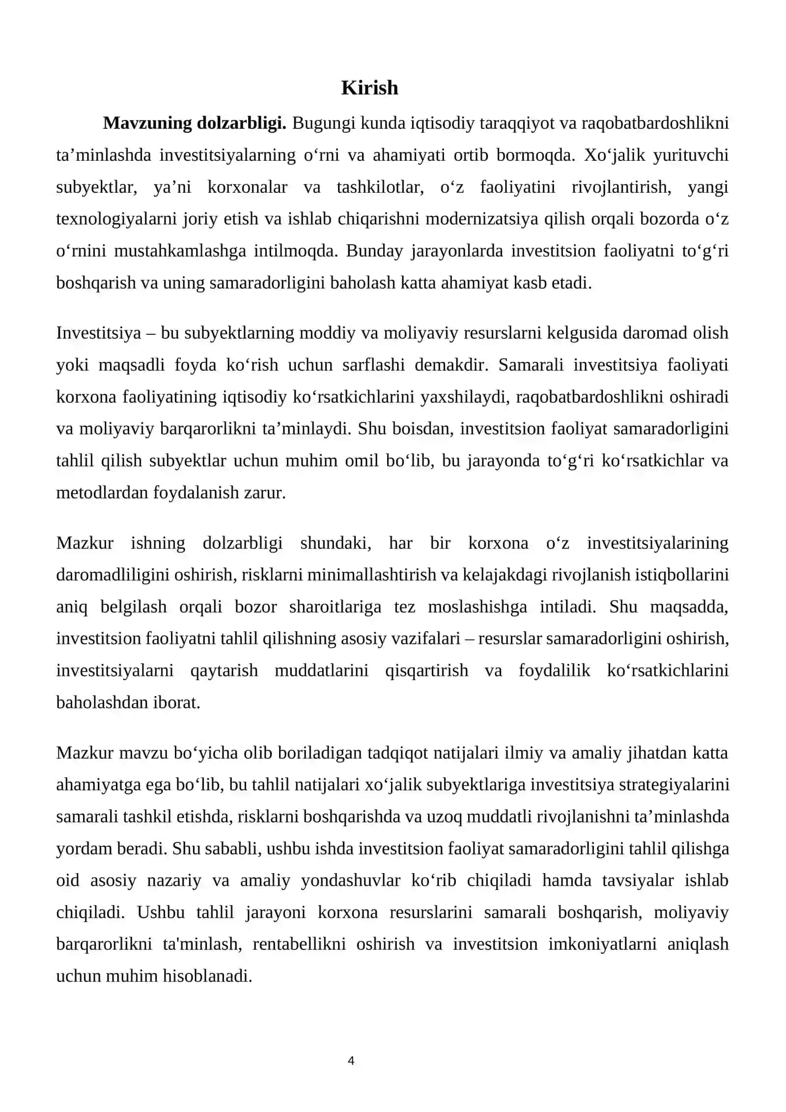 Xo’jalik yurutuvchi subyektlar investitsion faoliyati samaradorligini tahlili. 4