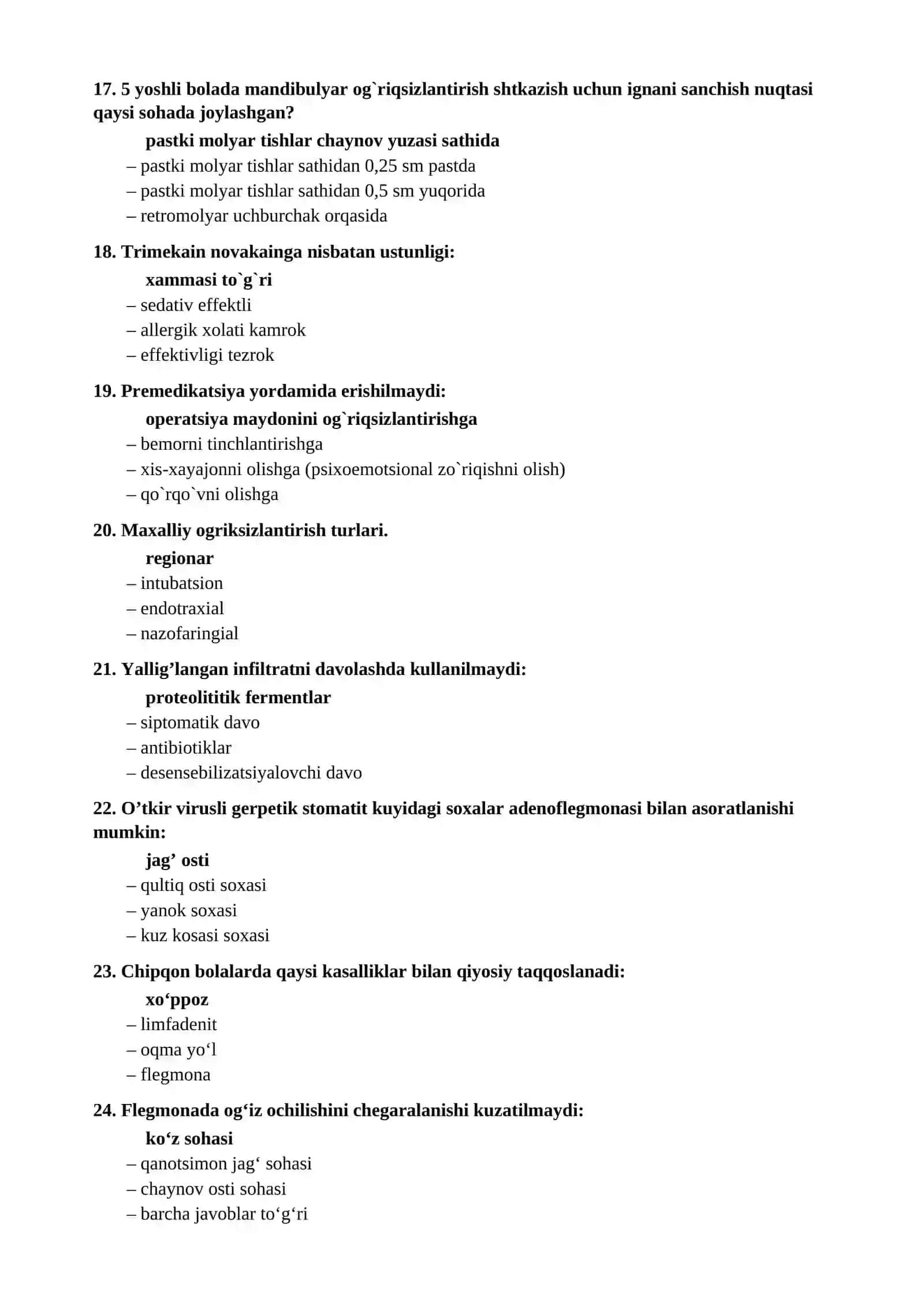 BOLALAR YUZ-JAGʻ XIRURGIYASI ATTESTATSIYA VA NOSTRIFIKATSIYA TESTLARI 4