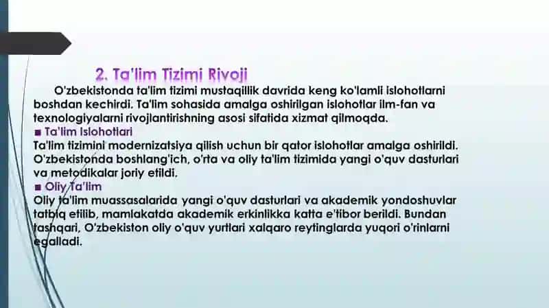 MustaqillikyillaridaO’zbekistondafan,ta`lim, sport,san`at,adabiyotvasog`liqnisaqlashtizimirivoji 4