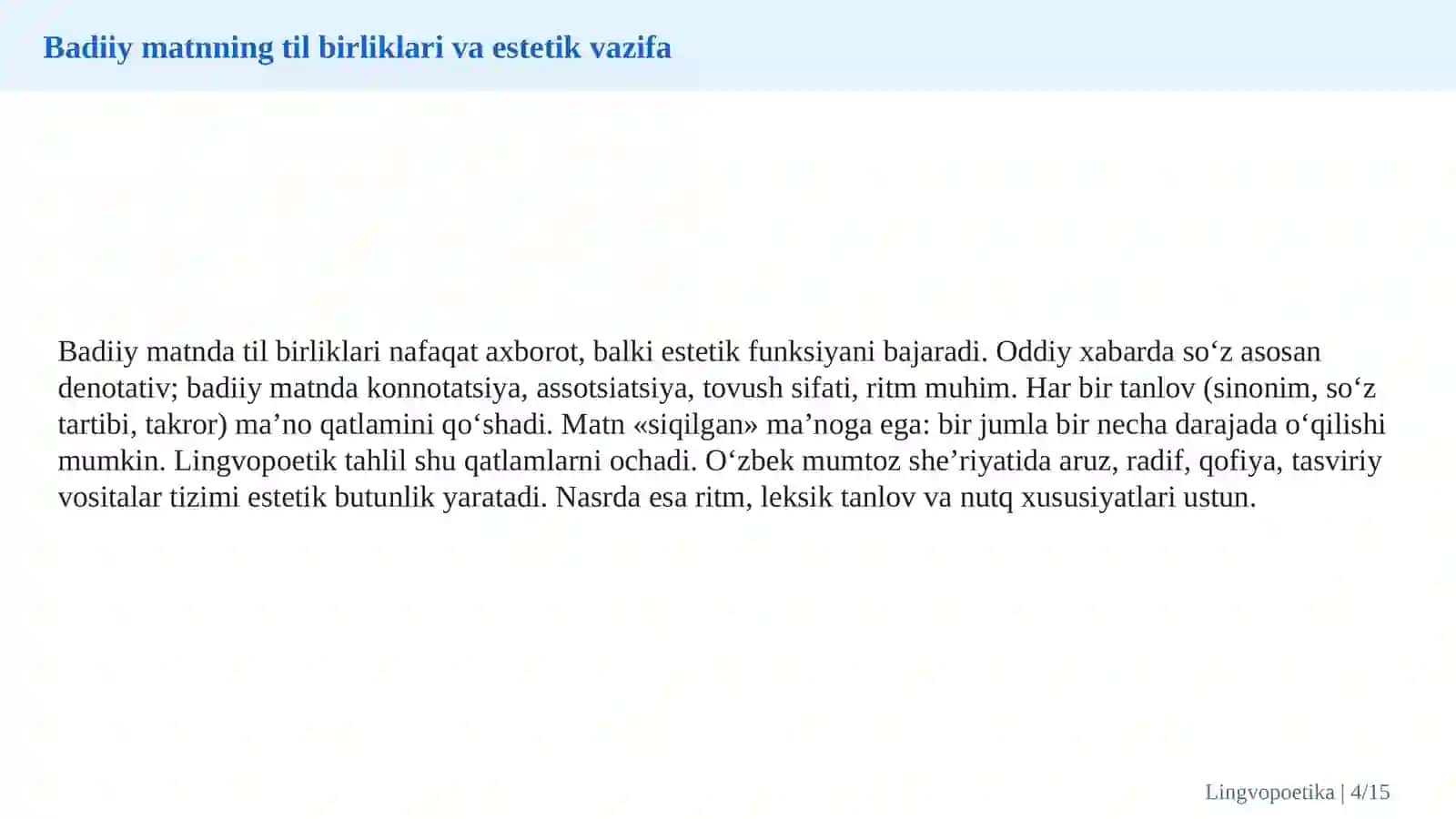 Badiiy matn lingvopoetikasi: muallif uslubi, obrazlar tizimi va badiiy ifoda vositalari 4