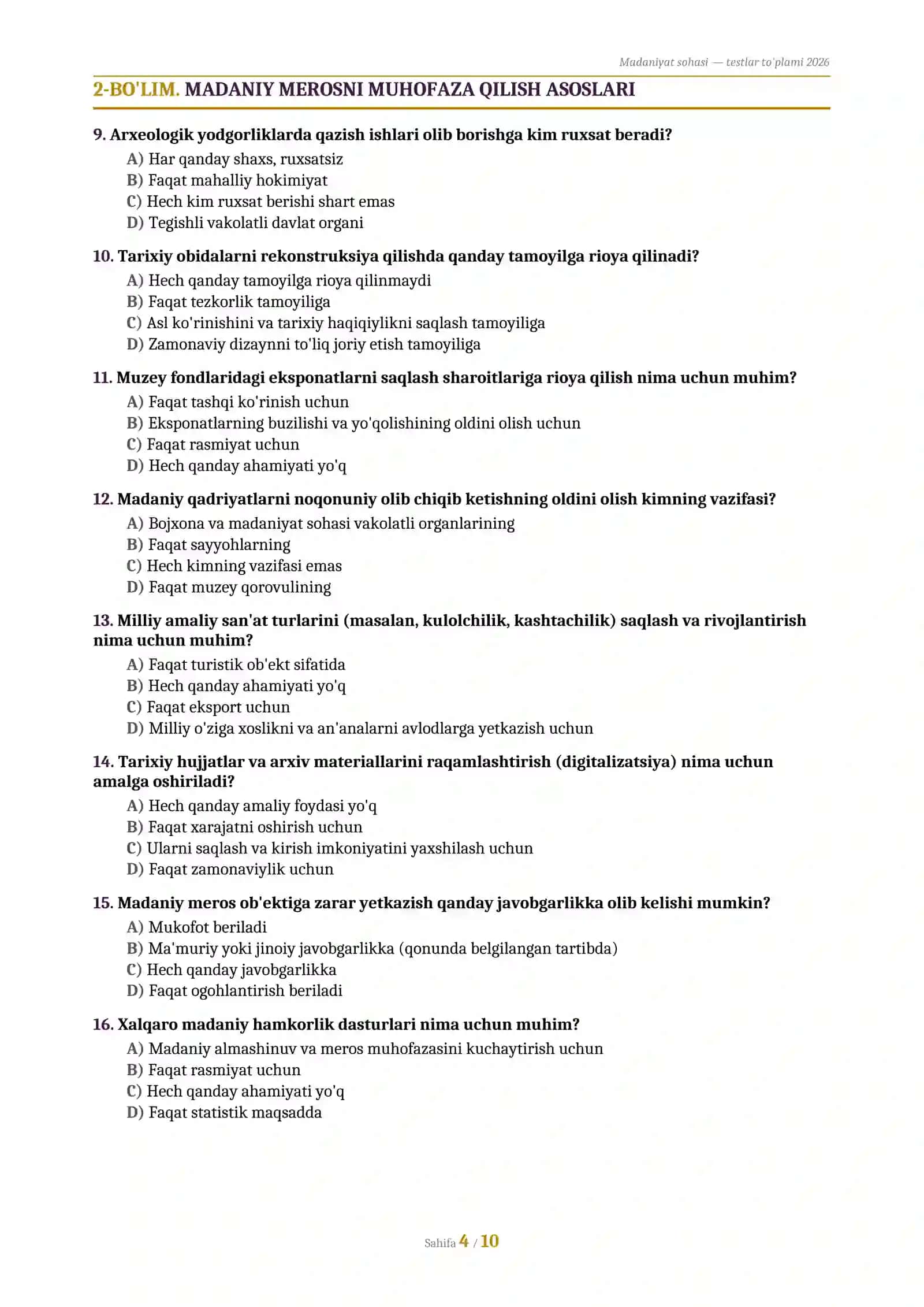 Madaniyat muassasalariga ishga kirish sinoviga tayyorgarlik testlari qo'llanmasi 4