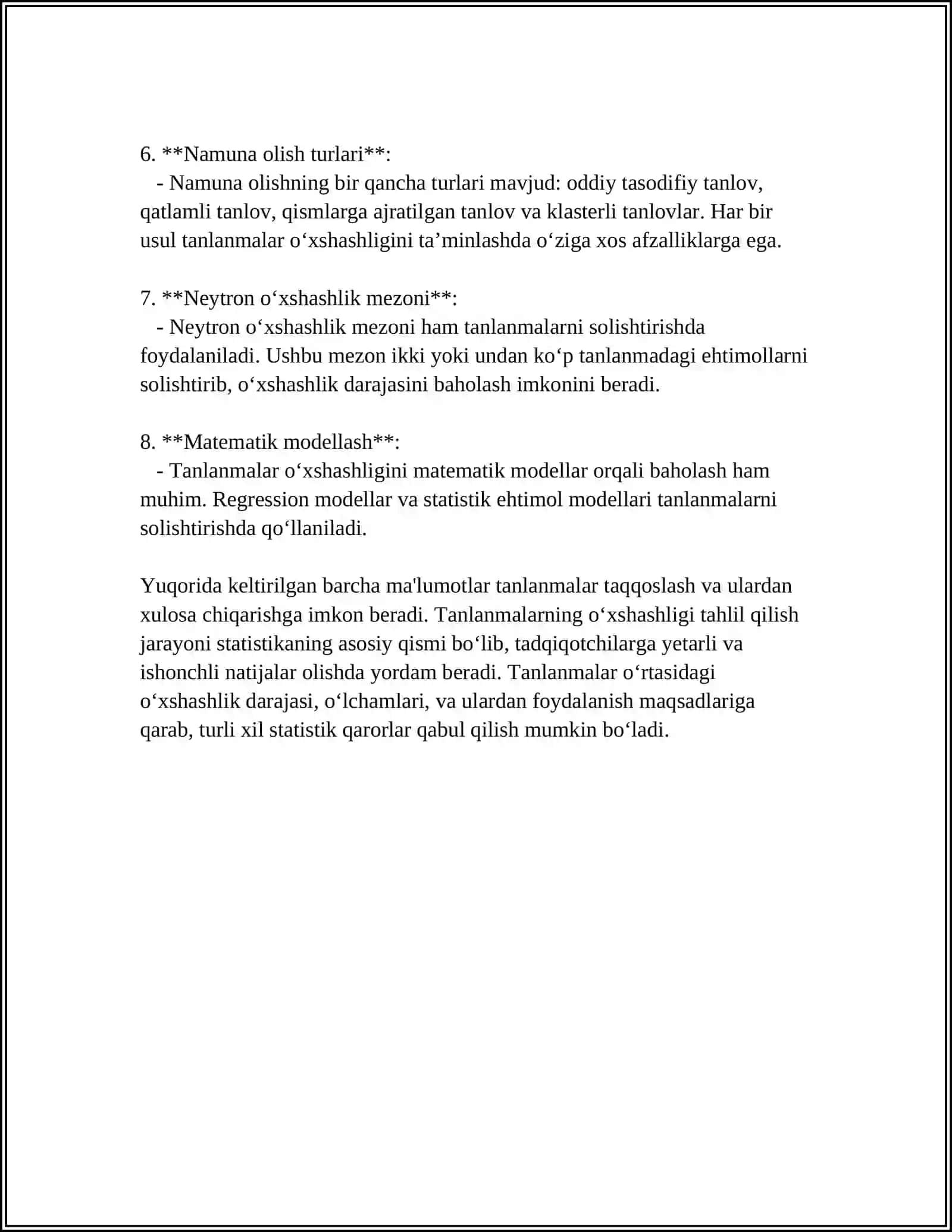 TANLANMANING OʻXSHASHLIGINI ANIQLASHNI NOPARAMETRIK MEZONLARI 4