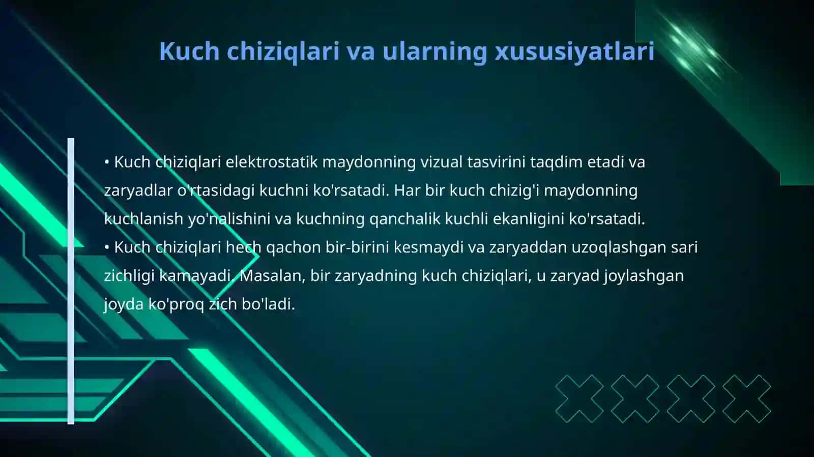 Elektrostatik maydon va kuch chiziqlari 4