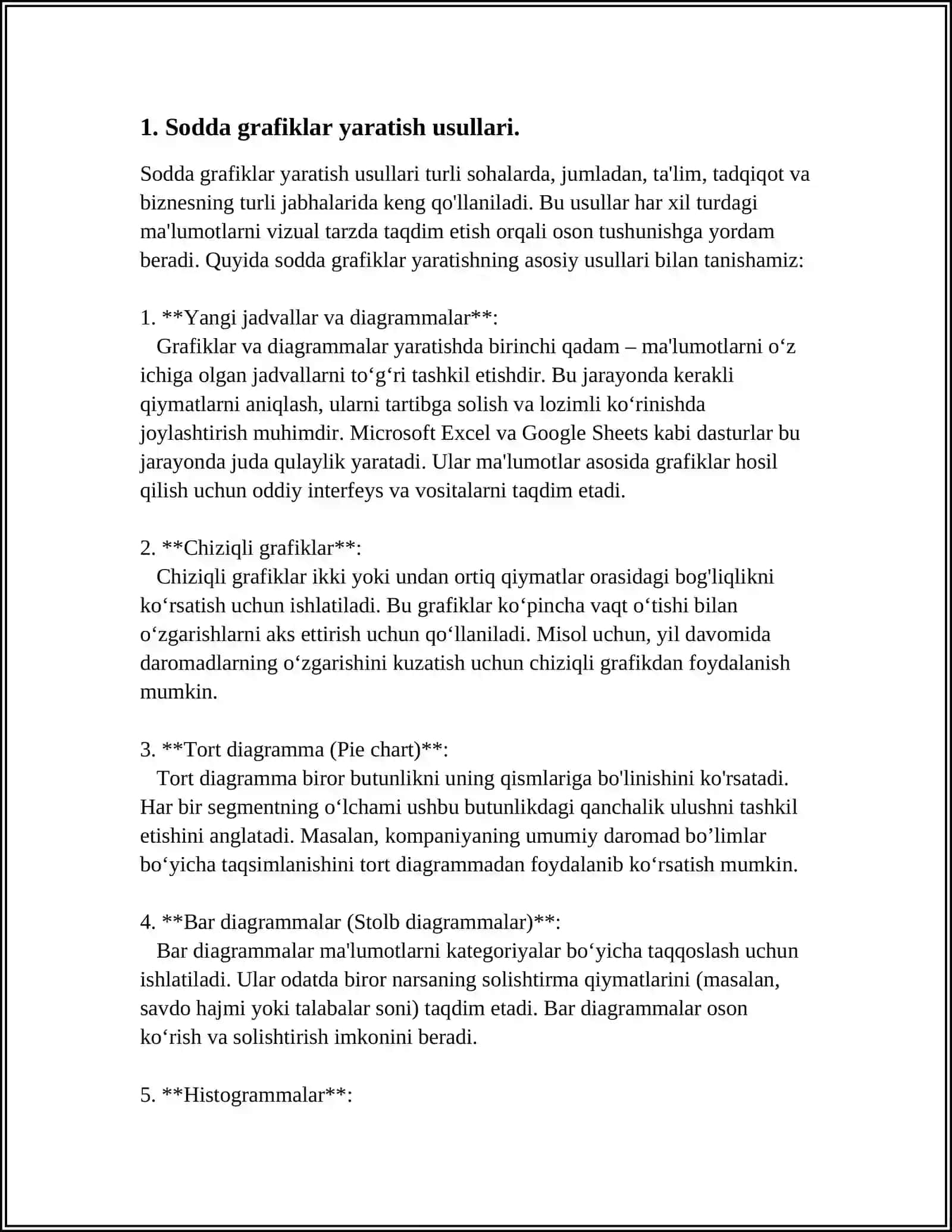 GRAFIK KOʻRINISHDAGI OBʼEKTLAR USTIDA ISHLASH (SODDA GRAFIKLAR, DIAGRAMMALAR,JADVALLAR) BOʻYICHA LOYIHALASH ISHLANMALARINI TAYYORLASH 4