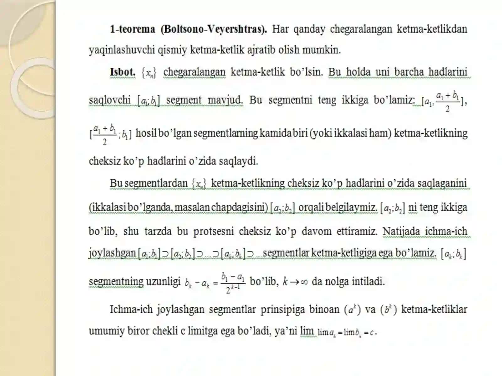 7-Mavzu:Qismiyketma-ketlik.Boltsano-Veyershtrasteoremasi.Ketma-ketlikyaqinlashishiningKoshikriteriyasi 4