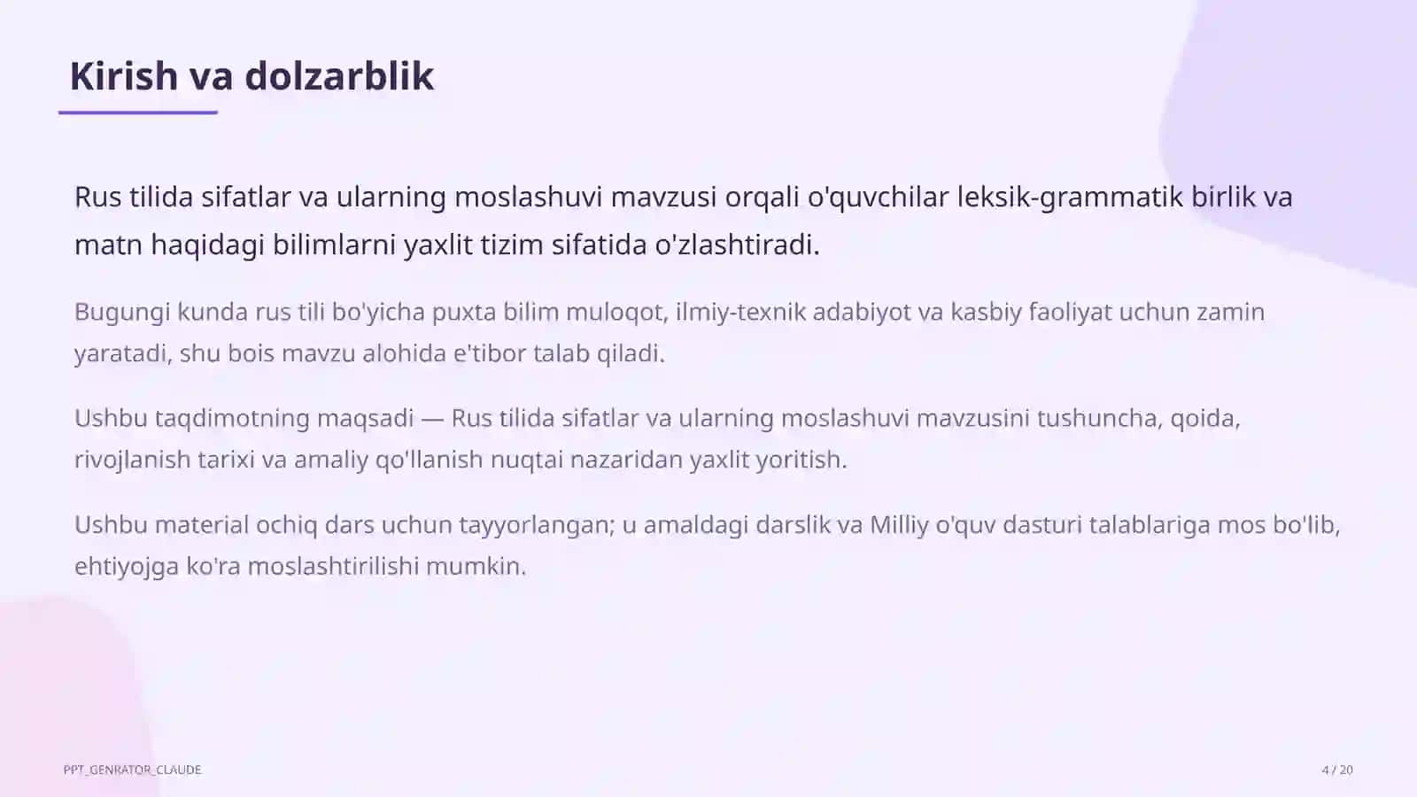Rus tilida sifatlar va ularning moslashuvi (4-sinf) 4