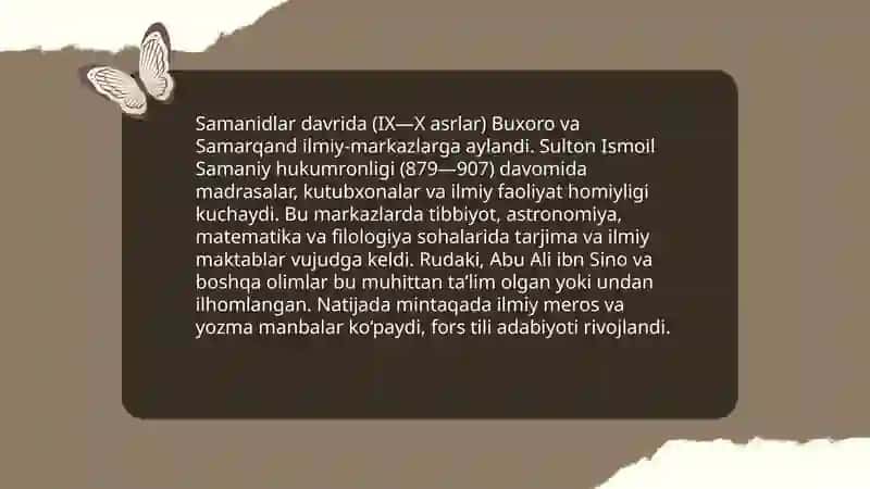 IX-XII asrlarda mamlakatimiz hududida ro'y bergan madaniy uyg'onish(Renessans) buyuk allomalarning jahon sivilizatsiyasiga qo'shgan hissasi 4