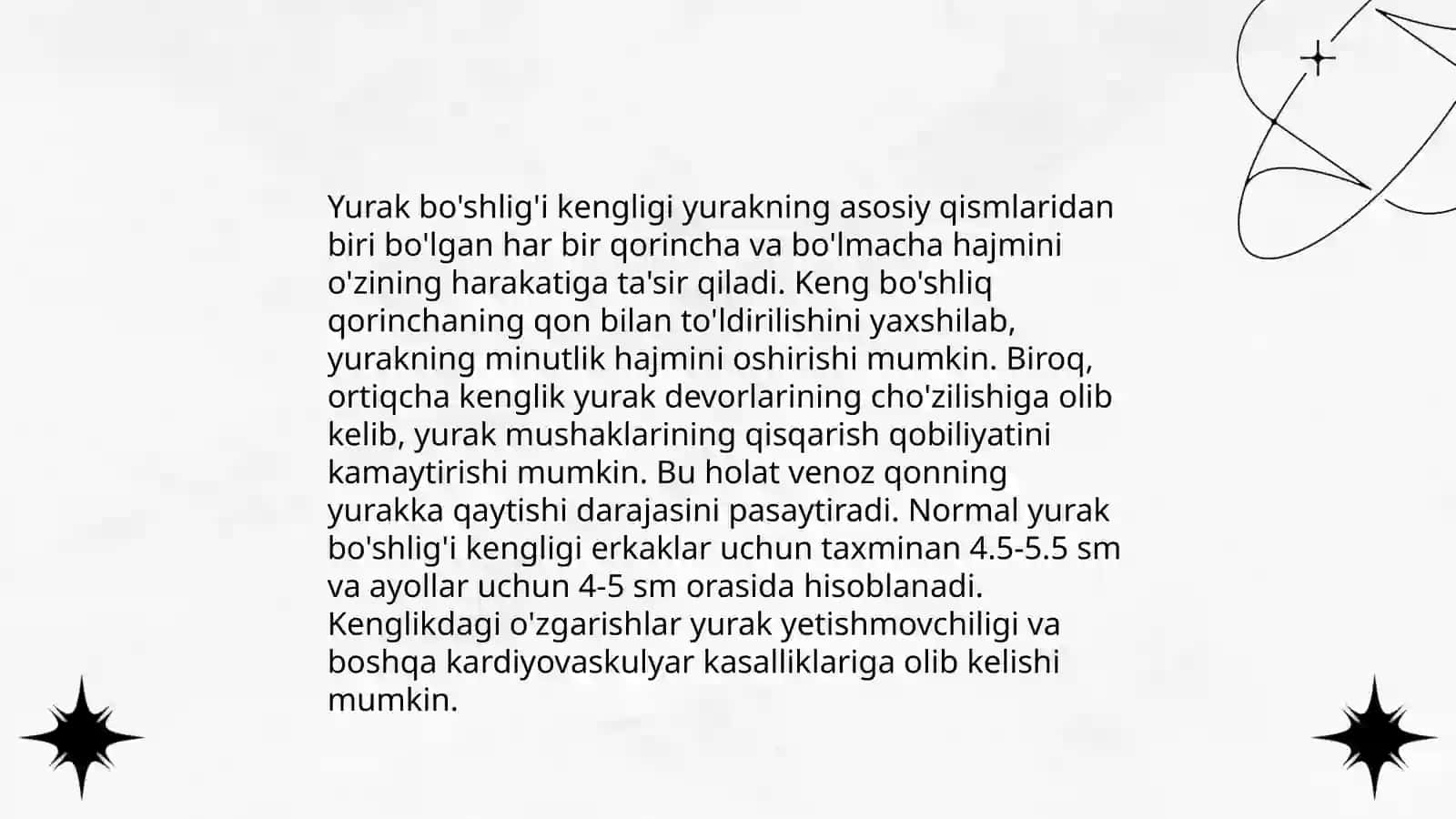 Bola rivojlanishida yurak xajmini o‘zgarishi,yurak bo‘shlig‘i kengligi bilan qon tomirlar nisbati, ularning gemodinamik ko‘rsatkichlarning ahamiyati 4